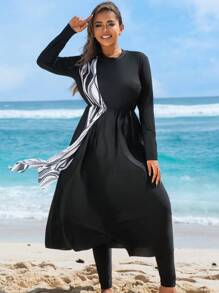 Swim Mulvari Plus Size 2pcs Women European Style Random Line Print Burkini Set: Long Mesh Decorated Tankini Top And Solid Color Pants For Summer Beach Vacation  Clothing Burkinis   Bohemian - Black and White - View 1