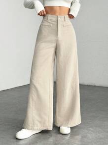 SHEIN PETITE Women's Solid Color Front Button Casual Wide Leg Pants, Suitable For Daily Wear