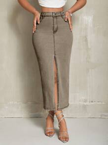 SHEIN SXY Women's Casual Button Front Pocket Slit Denim Midi Skirt