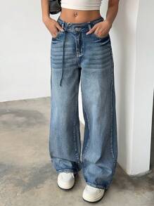 SHEIN EZwear 女式休闲百搭宽松低腰阔腿 Y2k 宽松牛仔裤