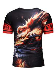 Manfinity LEGND Camiseta de manga corta de cuello redondo casual de hombre con estampado 3D de león