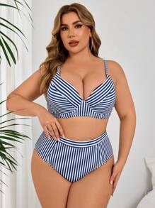 SHEIN Swim Curve 2pcs Plus Size Women Swimwear Set, Striped Print Padded Underwire Halter Bikini Top And High-Waisted Bottoms, Sexy Elegant Summer Beach Vacation Holiday Style - Multicolor - View 4