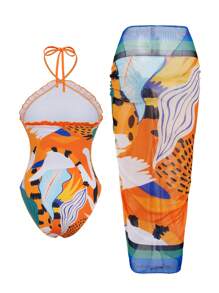 SHEIN Swim Random Print Flounce Trim Halter Backless One Piece Swimsuit & Patterned Beach Skirt Boho Festival Outfit For Women, Summer - Multicolor - View 2