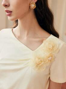 ZEYLAH WOMEN'S 3D FLOWER FOLD PLEATED T-SHIRT, SPRING SUMMER - Apricot - View 2