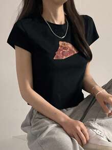 DAZY Camiseta casual de mujer de cuello redondo, manga corta, con estampado, camiseta gráfica de uso diario, top corto para mujer