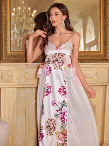 Váy ngủ Maxi lưng cao in hoa bằng lụa giả và lưới cho nữ - trắng - Xem 5