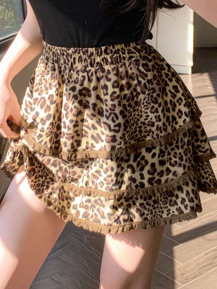 Lace Patchwork Leopard Print A-Line Skirt For Women,Ruffle Cheetah Print
