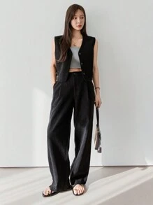 Dazy-Less Women's Casual Solid Color Loose Minimalist Vest Jacket & Straight Leg Pants Suit, Business Casual Old Money - Black - View 1