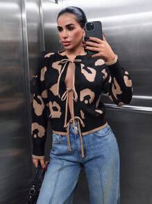 EURMUSE Women Leopard Pattern Bow Tie Front Drop Shoulder Cardigan - Multicolor - View 2