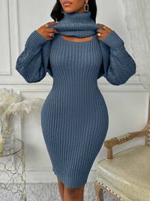 SHEIN Clasi 2pcs Women Casual Solid Color Cable Knit Oversized Turtle Neck Sweater + Fitted Knitted Dress, Two-Piece Set - Royal Blue - View 5