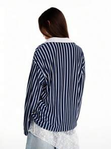 SHEIN EZwear 女士秋冬工装情侣同款 90 年代时尚基本款条纹宽松领长袖 T 恤 - 藍白色 - 查看 2