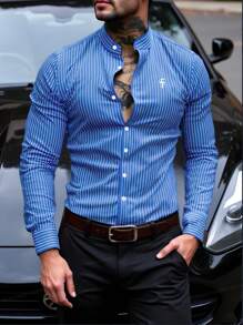 Manfinity Bizformal 男士立领前扣条纹休闲商务衬衫，纽扣男士衬衫男士修身衬衫男士精美衬衫男士正装衬衫