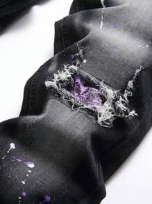 Manfinity LEGND 大码男式休闲破洞洗水牛仔裤 - 黑色 - 查看 4