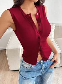 Flirla Wine Red Rib-Knit Open Front Button Sleeveless Cropped Camisole Top, Fashionable Minimalist Sweet Design, Super Stretchy & Soft, For Women Spring/Autumn