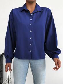EURMUSE Cotton Solid Blue Drop Shoulder Oversized Shirt - Navy Blue - View 3