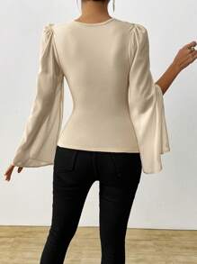 SHEIN LUNE Elegant Apricot V-Neck Draped Waist Ruffle Slit Cape Sleeve Women Top