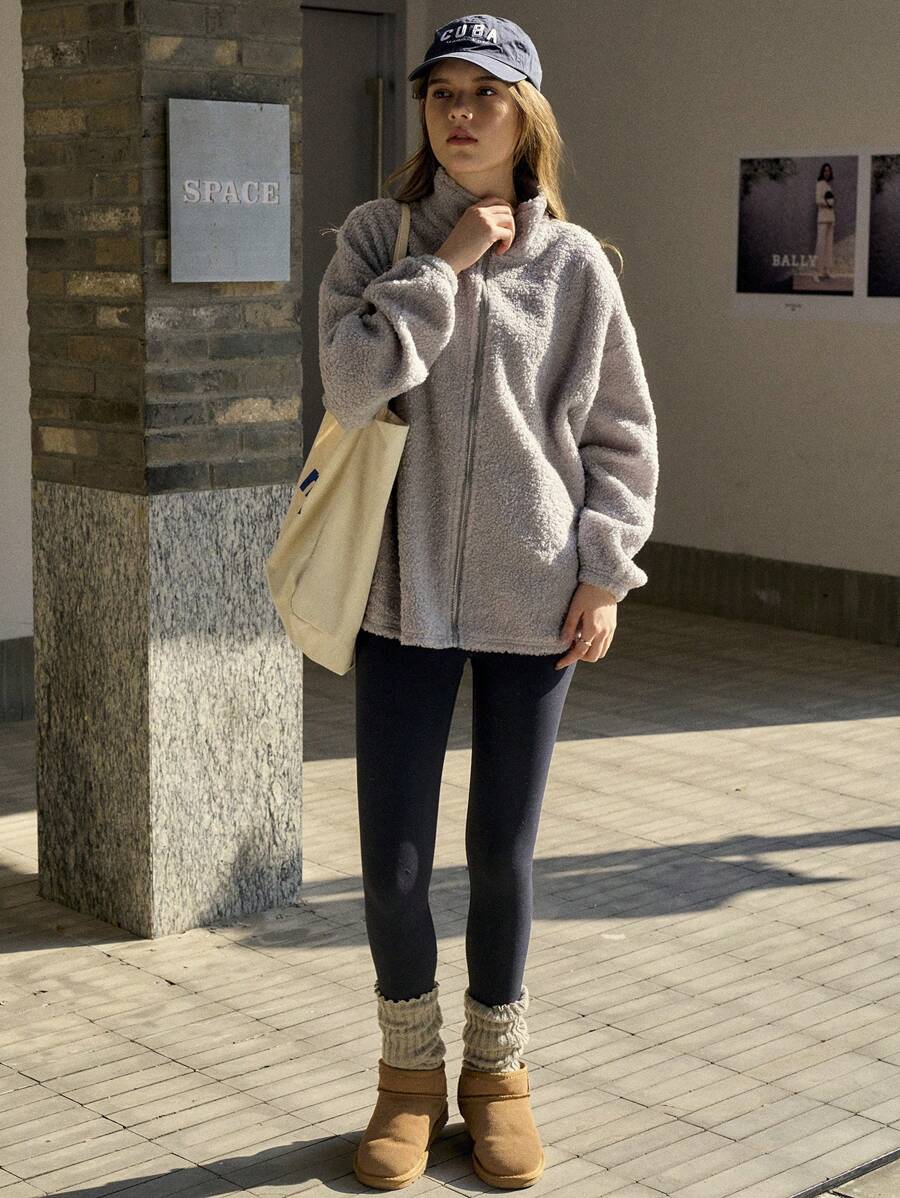 Jouncy 女士前拉链长袖简约立领上衣,休闲日常套头衫秋季卫衣 - 灰色 - View 1
