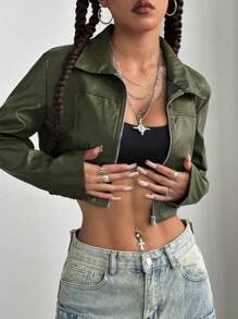 StreetHx Cropped Burgundy Leather Zip-Up Jacket - Olive Green - View 3