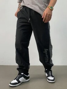 DAZY Men's Patchwork Color Block Casual Sports Pants Men Joggers - Black - View 3