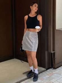DAZY Solid Color Sequin Mini Straight Skirt, Women Party/Spring/Summer Skirt Prom Skirt New Years Women Carnival School - Silver - View 6