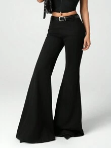 SHEIN ICON 女式休闲喇叭腿黑色长裤，超低腰修身，百搭