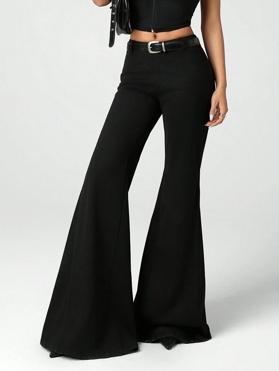 SHEIN ICON 女式休闲喇叭腿黑色长裤，超低腰修身，百搭