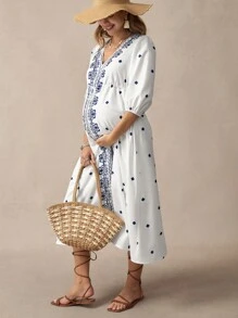 SHEIN Rochie de maternitate cu decolteu în V cu mânecă lungă cu cravată în față cu imprimeu floral - alb - Vizualizare 7