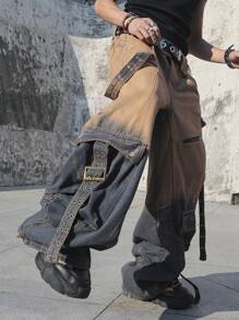 Manfinity EMRG Men's Casual Relaxed Fit Solid Color Patchwork Pocket Detail Denim Jeans - Multicolor - View 3