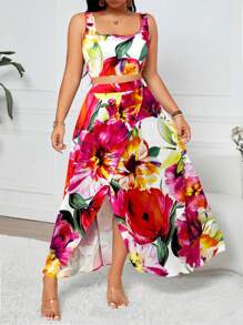 Breezaya 大码复古、优雅、浪漫、假日风格，彩色花卉印花短款上衣和高腰开叉长裙两件套，可分开搭配百搭日常服装，适合夏季、学校、毕业典礼、假期、节日、派对、约会、户外活动 - 彩色 - 查看 7