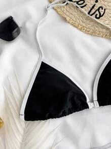 SHEIN Teen Girls Spring & Summer Girls Swimwear Knitted Black & Apricot Bow Contrast Suspender Bikini Two-Piece Swimwear Set, Vacation Style, Holiday, Black & White, Beach Clothes - Black and White - View 6