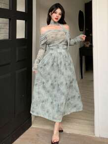 DAZY 两件套女士全印花褶皱系领衬衫和A字裙，秋季女装复活节 - 杏色 - 查看 7