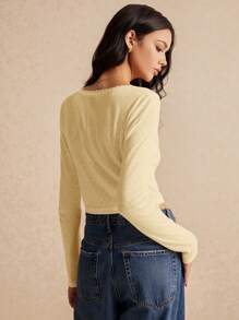 Poéselle 女士纯色系带长袖荷叶边休闲上衣 - 黃色 - 查看 4