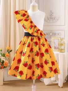 Set de 2 piezas de Top sin mangas de cuello redondo y falda minimalista para niña preadolescente - Amarillo - Ver 3