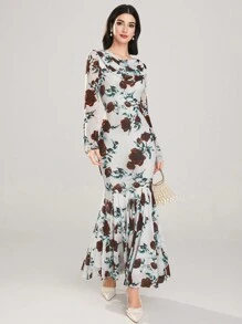 Modelyn Spring Valentine's Day Women's Long Sleeve Floral Print Romance Flounce Dress Botanical Print - Multicolor - View 5