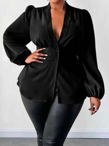 Maweii Plus Size Women's Casual Solid Color Lantern Sleeve Blouse For Autumn Women Shirt