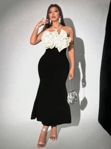 Celure Elegante vestido de fiesta/vacaciones/cita para mujer talla grande con bandeau de flores 3D y abertura alta en la cola de sirena