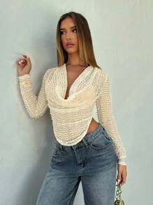 Aloruh Áo thun crop top ren dài tay cổ khoét sâu gợi cảm cho nữ - Màu be - Xem 5
