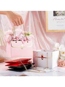 SHEIN 4 件/套优雅玫瑰花纸质礼盒，婚礼纸质花束收纳桶花店花卉手提包配金属链，花盒礼品包装袋完美的礼品包装，适用于婚礼生日节日派对情人节、圣诞节 - 彩色 - 查看 16