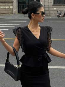 DAZY 性感透明网眼拼布蝴蝶结全身印花 V 领短袖衬衫，女士商务休闲装