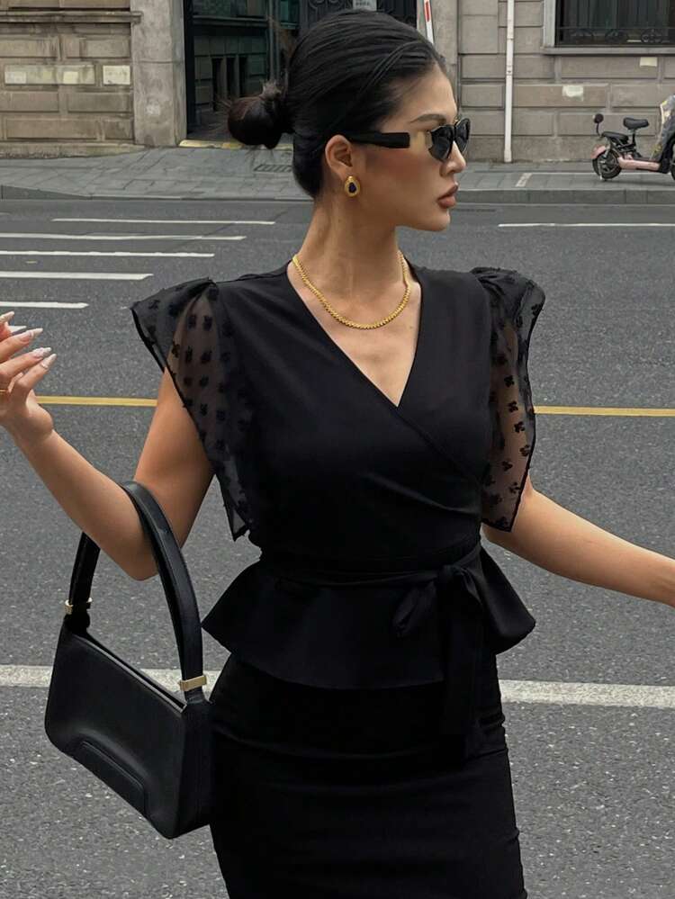 Sexy Sheer Mesh Patchwork Bowknot Allover Print V-Neck Short Sleeve Blouse, Business Casual For Women