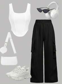 SHEIN Girlism Tween Girls' 2pcs Set Square Neck Knit Tank Top And Casual Long Pants, Street Chic Style