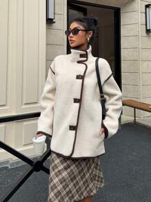 SHEIN EZwear Chaqueta de manga larga clásica con botones frontales, bolsillos parche y ribete de contraste, para otoño/invierno - Albaricoque - Ver 1