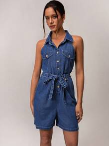 Forever 21 春季度假海滩休闲无袖领口系腰女式牛仔连体衣 - 中等水洗藍 - 查看 5