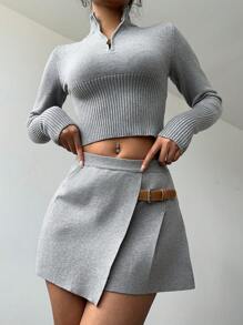 Aloruh 2pcs Women Casual Solid Cropped Sweater And Mini Skirt Set, Autumn/Winter - Grey - View 4