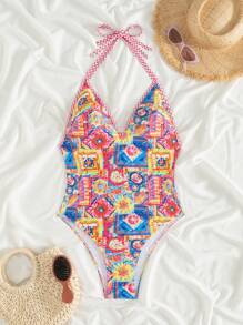SHEIN Swim Springbreak Random Print Halter Deep V Sexy One-Piece Swimsuit For Women - Multicolor - View 4