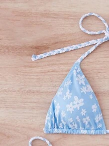 Swim Mod 2pcs Springbreak Multi-Color Macrame Halter Textured Fabric Bikini Set For Summer Beach Vacation - Blue and White - View 7
