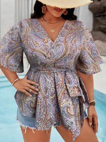 Breezaya Plus Paisley Print Belted Blouse
