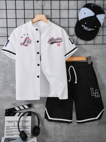 SHEIN Tween Boys Stylish Letter Print Casual Loose Baseball Jacket & Sports Shorts 2 Pieces Set, Street Fashion, Summer - White - View 2