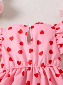 SHEIN Vestido midi con estampado de corazones en rojo y rosa lindo, con mangas con volantes y decoración de lazo grande para niñas, ideal para el Día de San Valentín