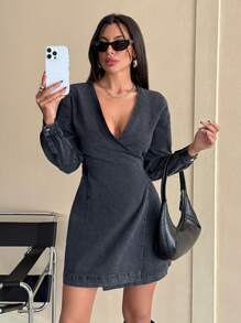 EURMUSE WOMAN BELTED ANVELOP MINI DRESS GREY WASH - Grey - View 2